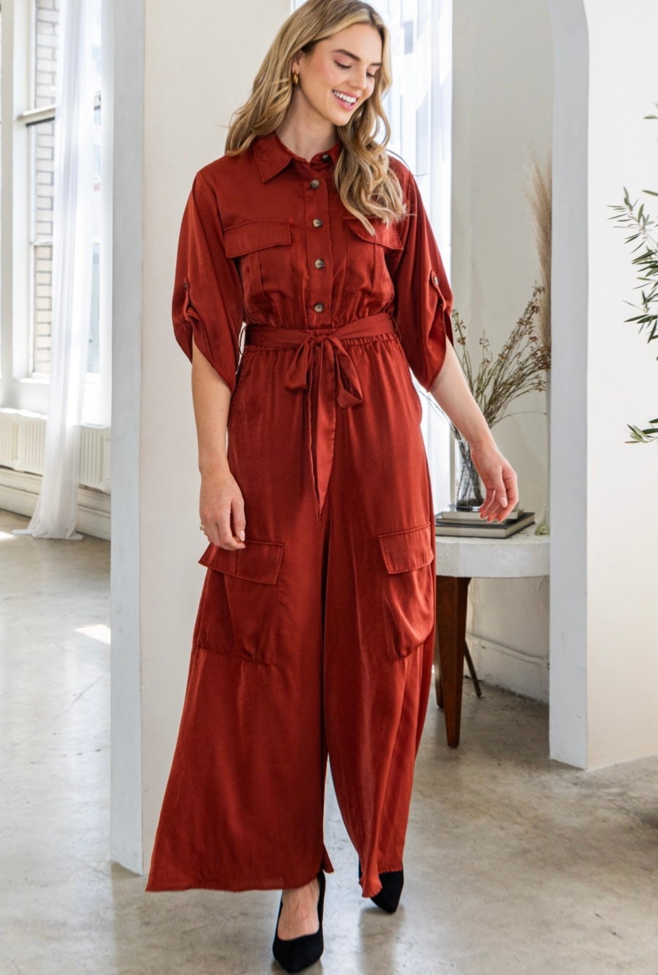 Satin Cargo Jumpsuit